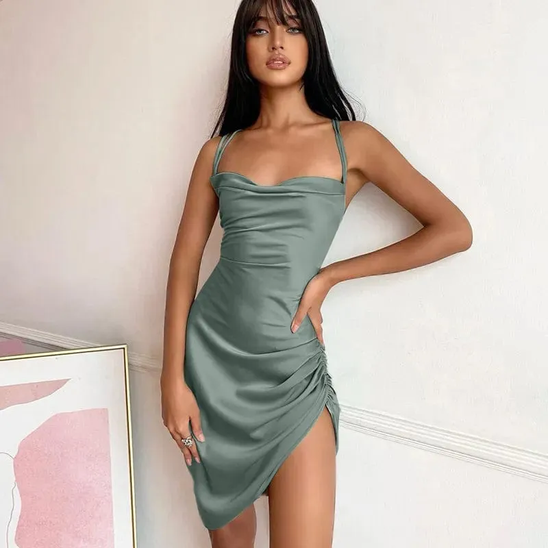 Sultry Elegance: Satin Mini Dress with Ruched Lace-Up Cross Bandage, Backless Bodycon