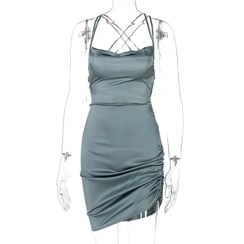 Sultry Elegance: Satin Mini Dress with Ruched Lace-Up Cross Bandage, Backless Bodycon