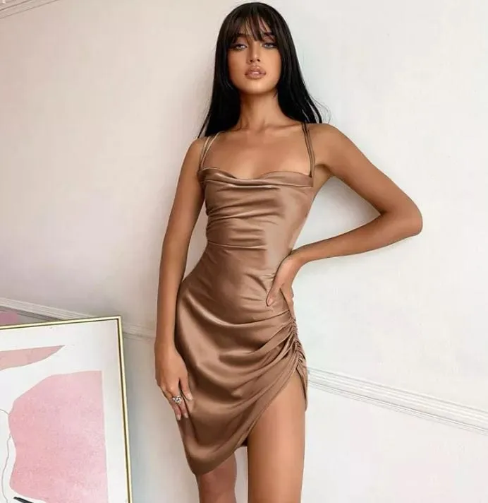 Sultry Elegance: Satin Mini Dress with Ruched Lace-Up Cross Bandage, Backless Bodycon