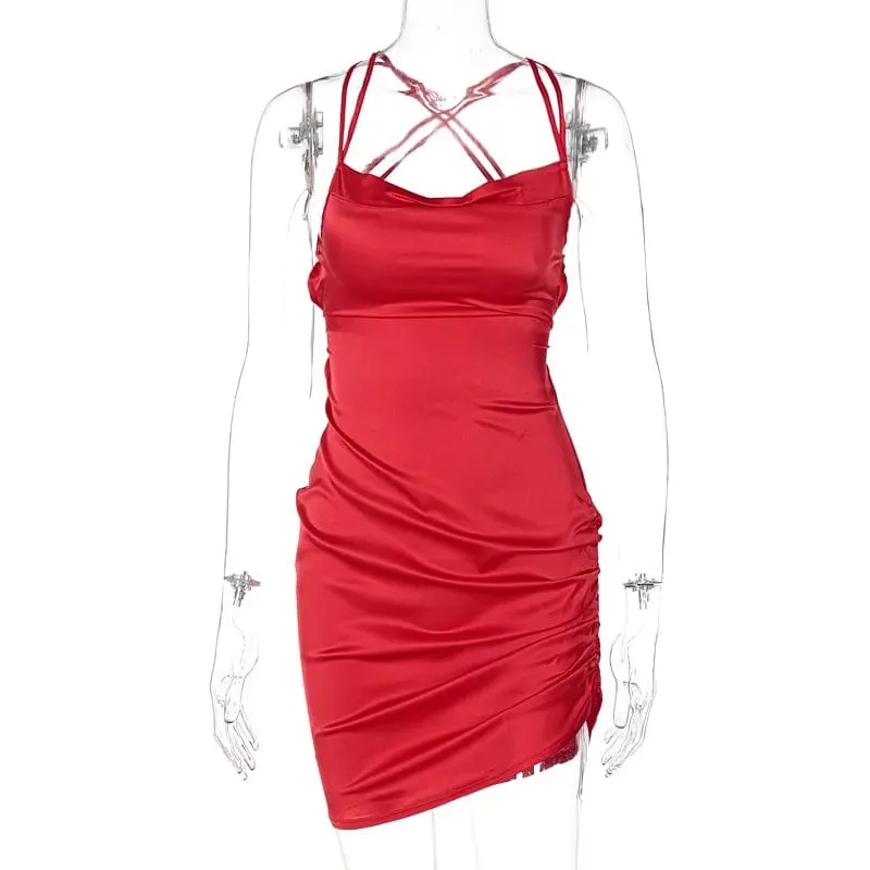 Sultry Elegance: Satin Mini Dress with Ruched Lace-Up Cross Bandage, Backless Bodycon