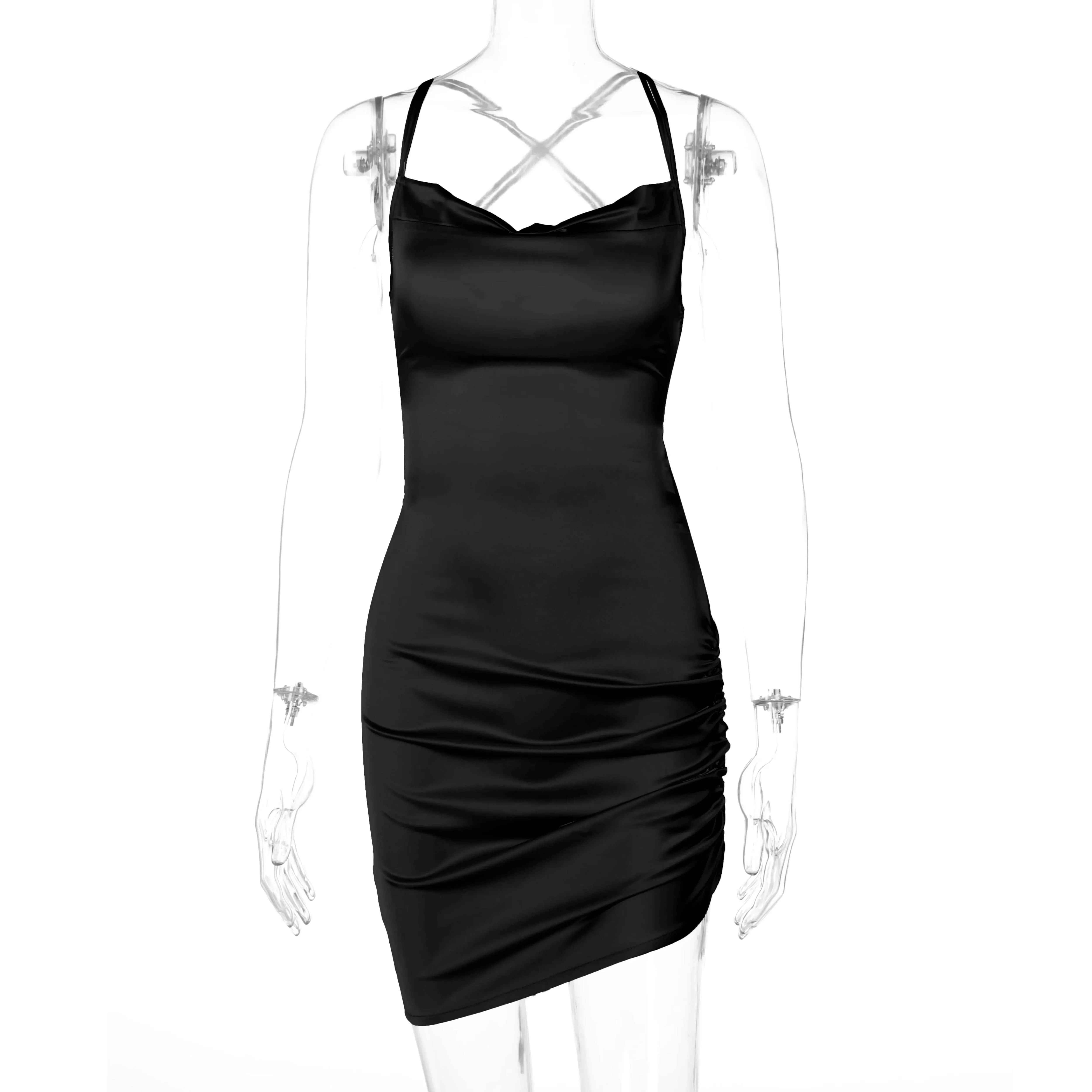 Sultry Elegance: Satin Mini Dress with Ruched Lace-Up Cross Bandage, Backless Bodycon