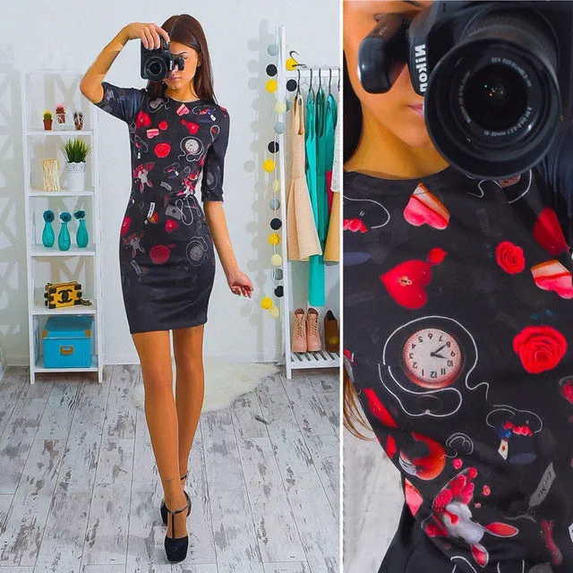 Summer Dress 2017 Women's Fashion Heart Mickey Cartoon Print Bandage Bodycon Pencil Dress Women Party Mini Robe Dress Vestidos