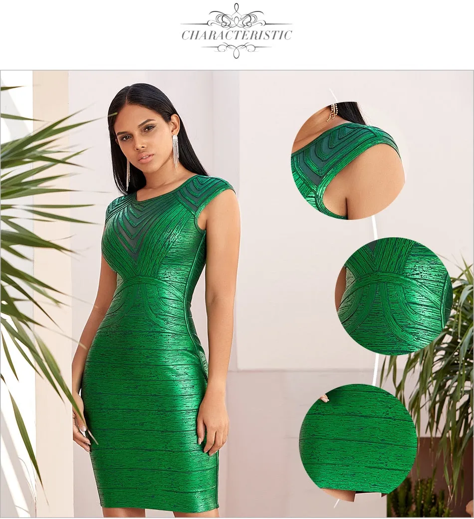 Summer Green Gold Lace Bandage Dress Hollow Out Bodycon Club Celebrity Evening Runway Party Ladies Dresses