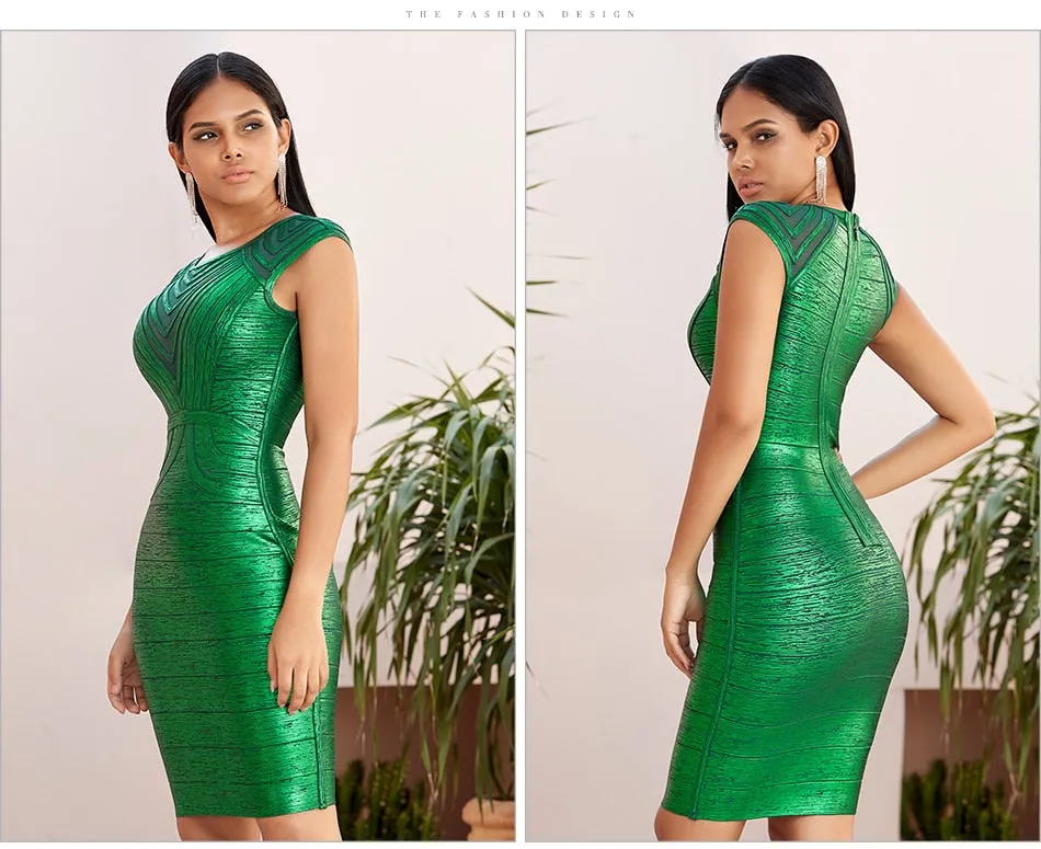 Summer Green Gold Lace Bandage Dress Hollow Out Bodycon Club Celebrity Evening Runway Party Ladies Dresses