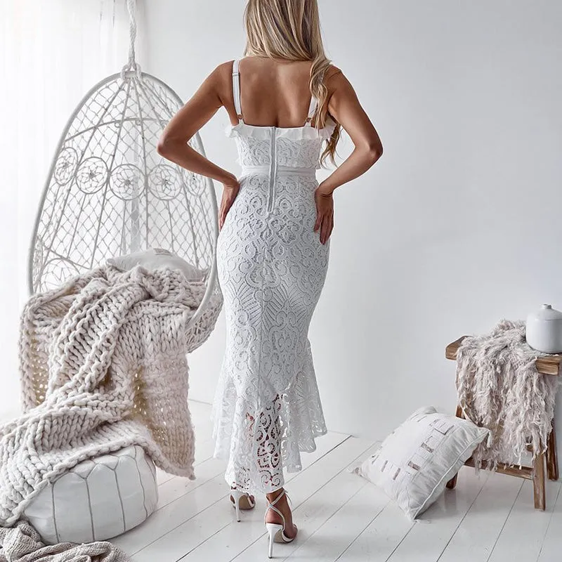 Summer White Lace Long Dress Spaghetti Strap Ruffle Sexy Bodycon Party Dress