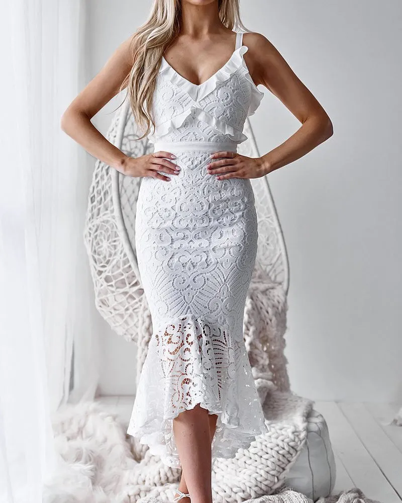 Summer White Lace Long Dress Spaghetti Strap Ruffle Sexy Bodycon Party Dress