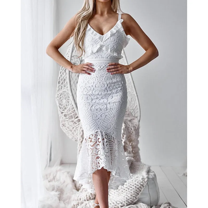 Summer White Lace Long Dress Spaghetti Strap Ruffle Sexy Bodycon Party Dress