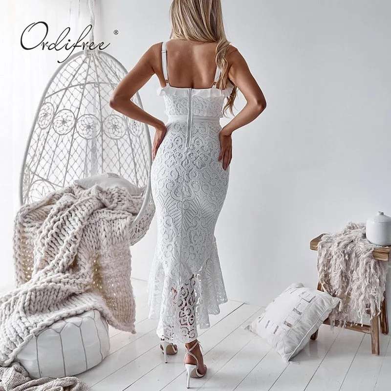 Summer White Lace Long Dress Spaghetti Strap Ruffle Sexy Bodycon Party Dress