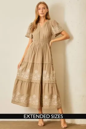 The Gracelyn Embroidered Maxi Dress in Taupe