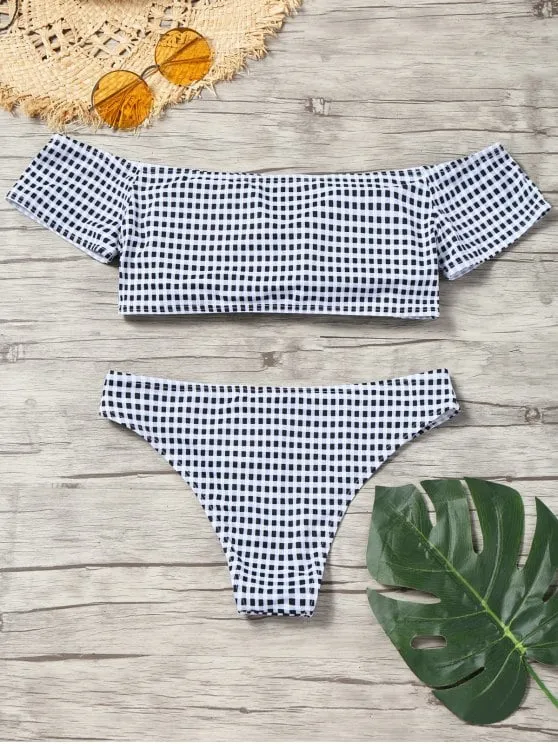 Trendy Short Sleeve Off Shoulder Plaid Bikini Set