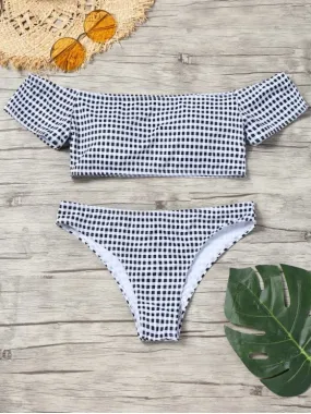 Trendy Short Sleeve Off Shoulder Plaid Bikini Set