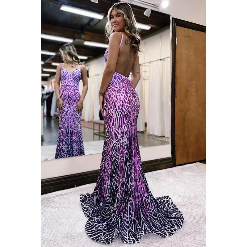 V-Neck Backless Sequins Mermaid Long Prom Evening Dress with Sweep Train