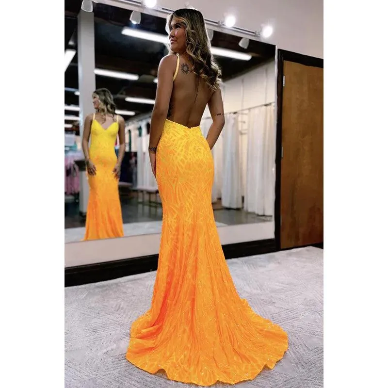 V-Neck Backless Sequins Mermaid Long Prom Evening Dress with Sweep Train