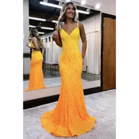 V-Neck Backless Sequins Mermaid Long Prom Evening Dress with Sweep Train