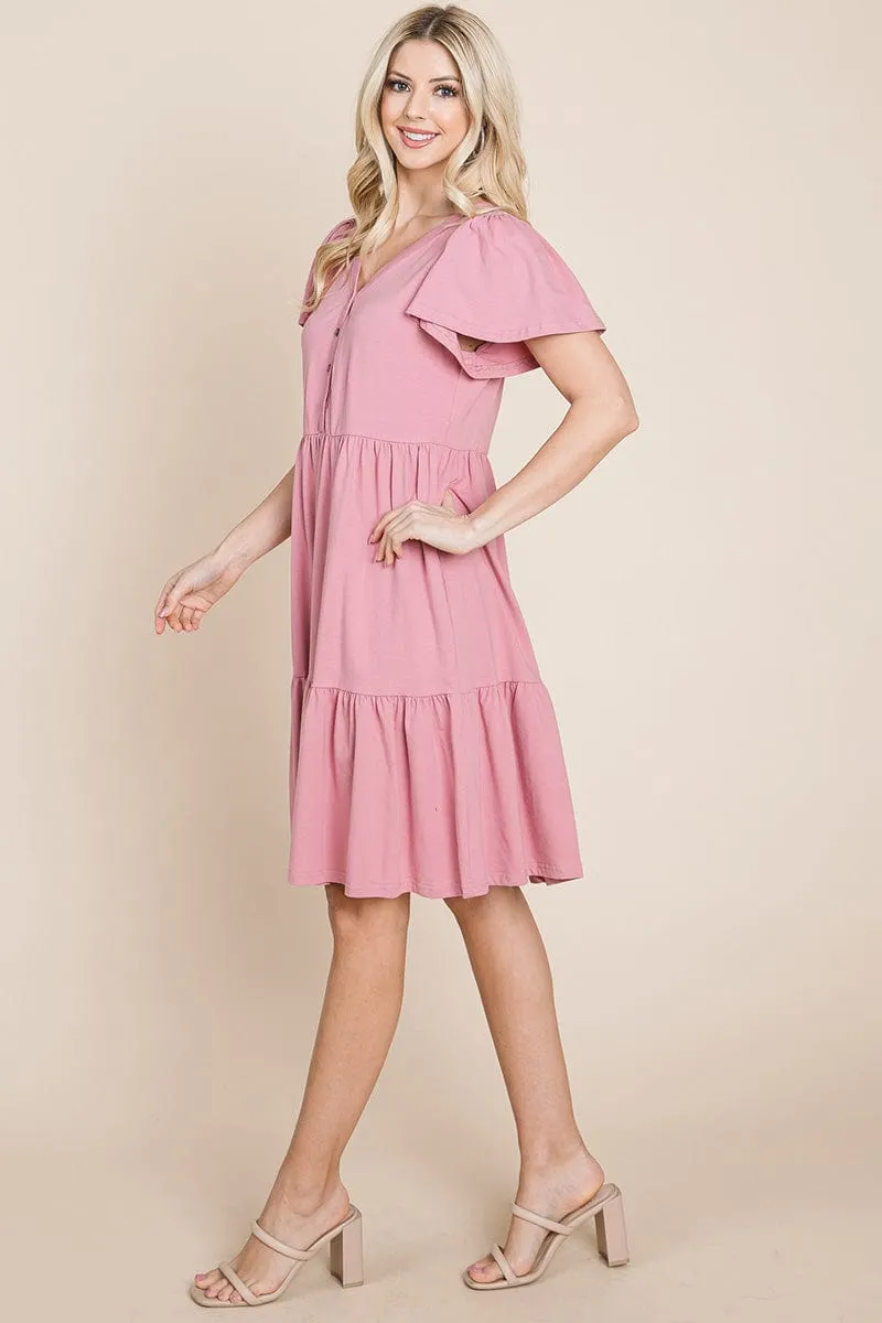 V Neck Cotton Tiered Front Buttons Babydoll dress