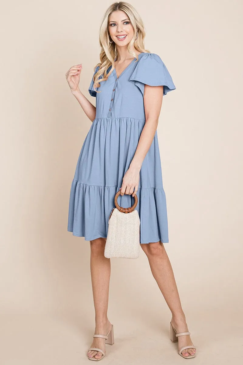 V Neck Cotton Tiered Front Buttons Babydoll dress