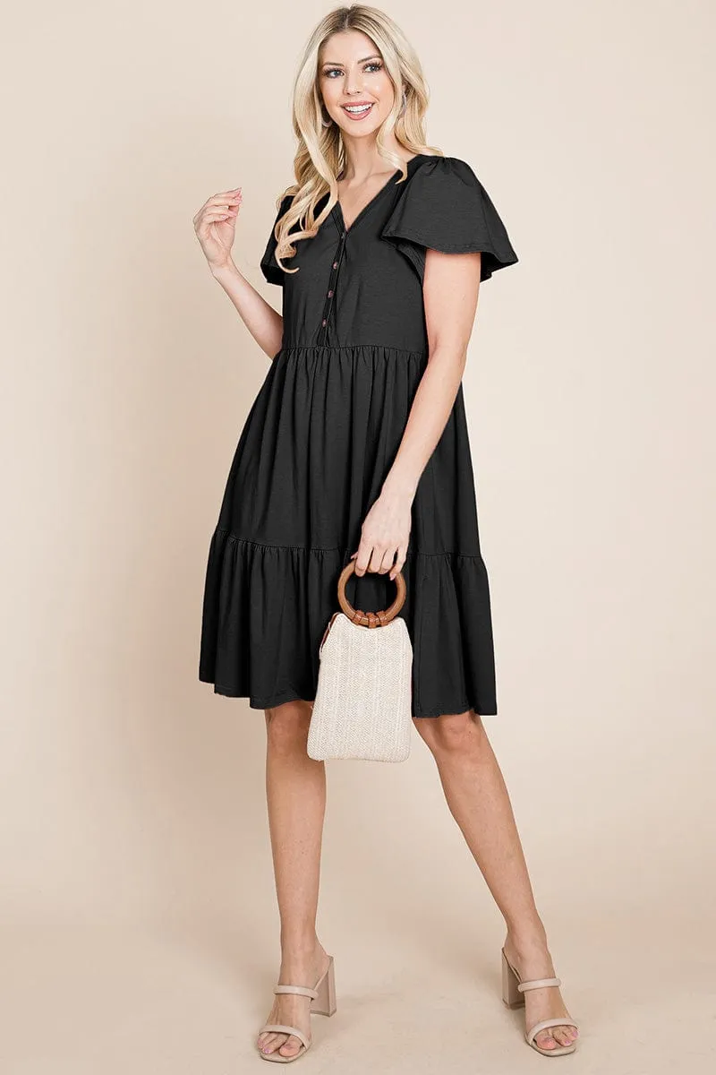 V Neck Cotton Tiered Front Buttons Babydoll dress