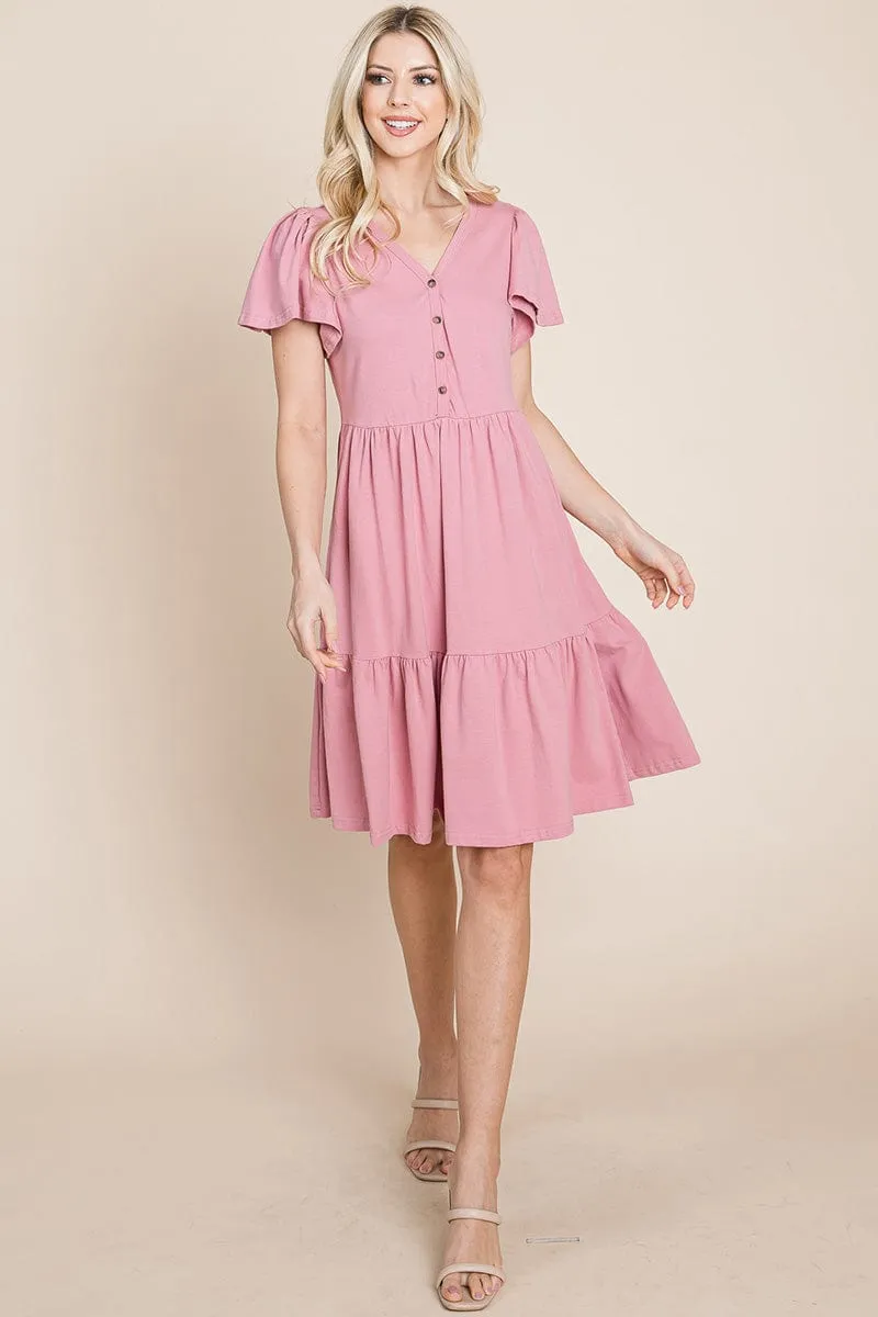 V Neck Cotton Tiered Front Buttons Babydoll dress