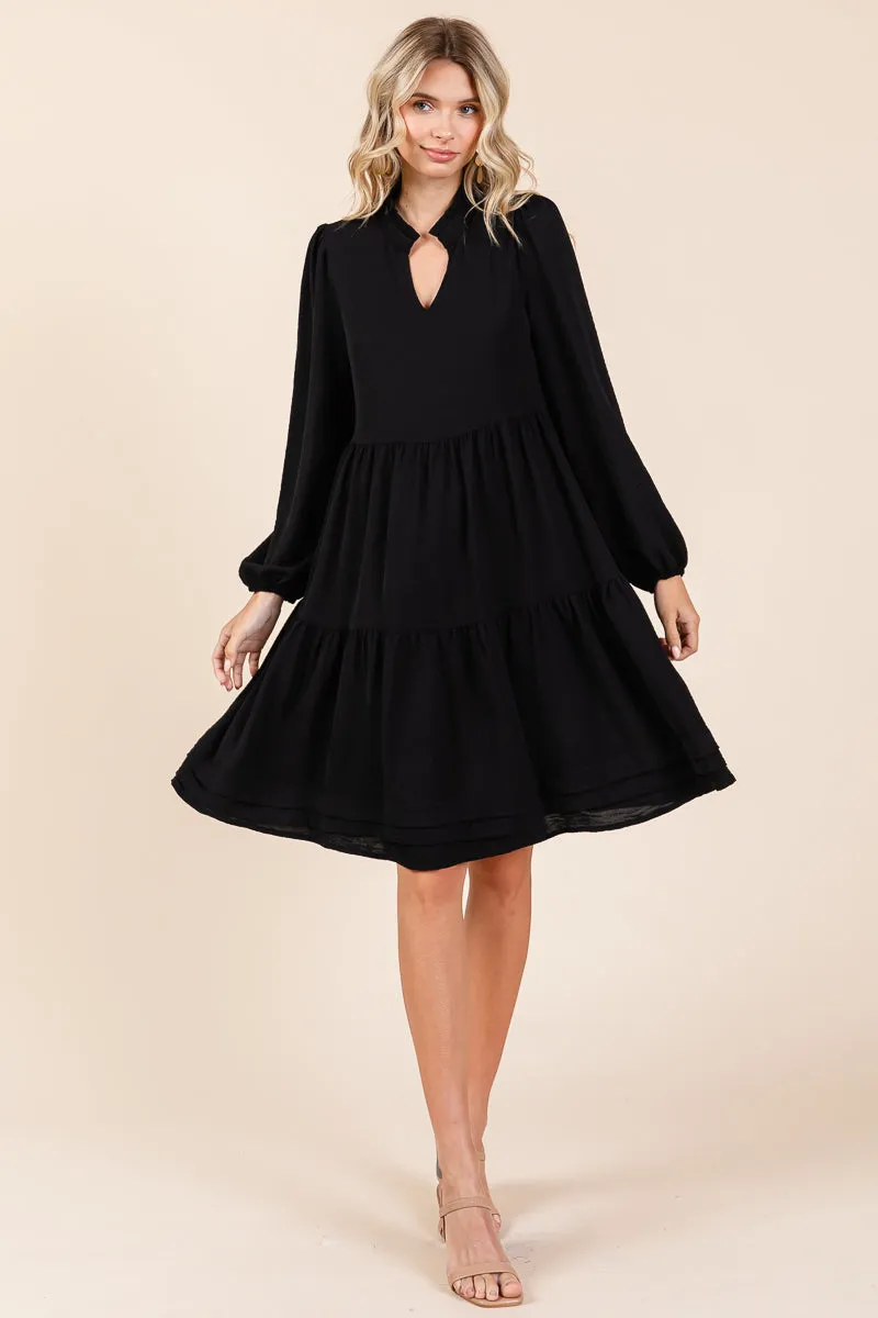 V Neck Long Sleeve Tiered Ruffle Hem Dress