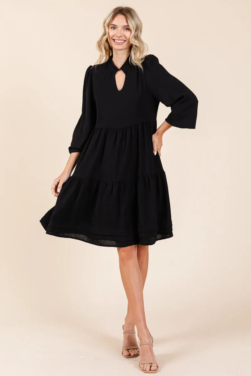 V Neck Long Sleeve Tiered Ruffle Hem Dress