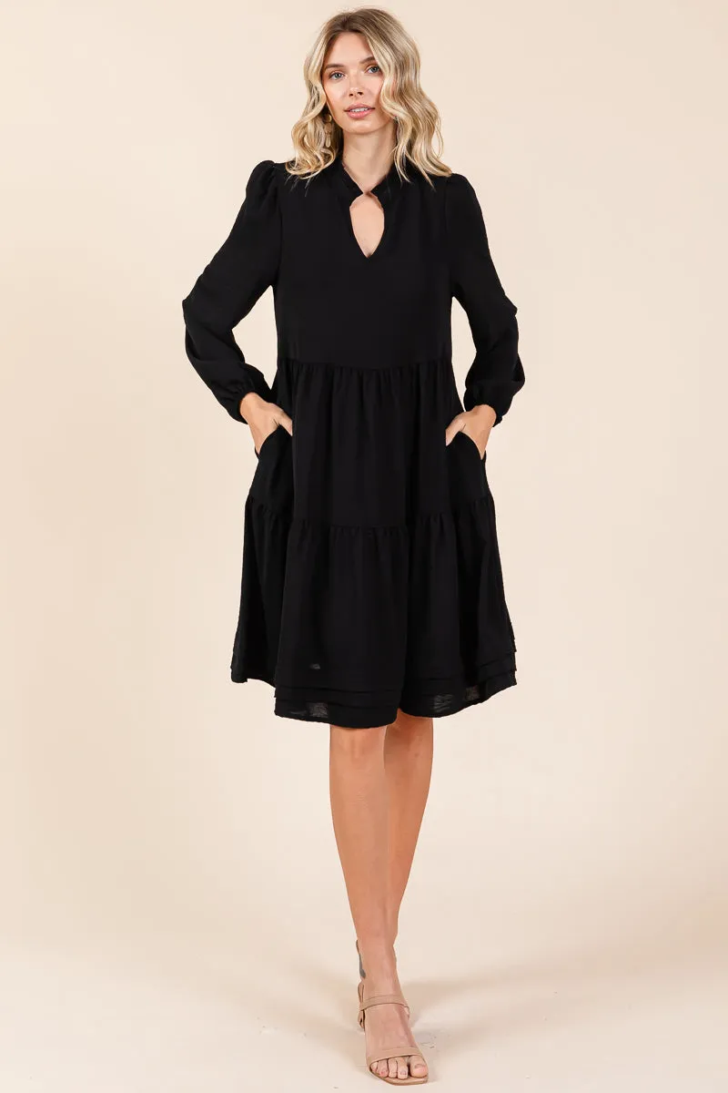 V Neck Long Sleeve Tiered Ruffle Hem Dress