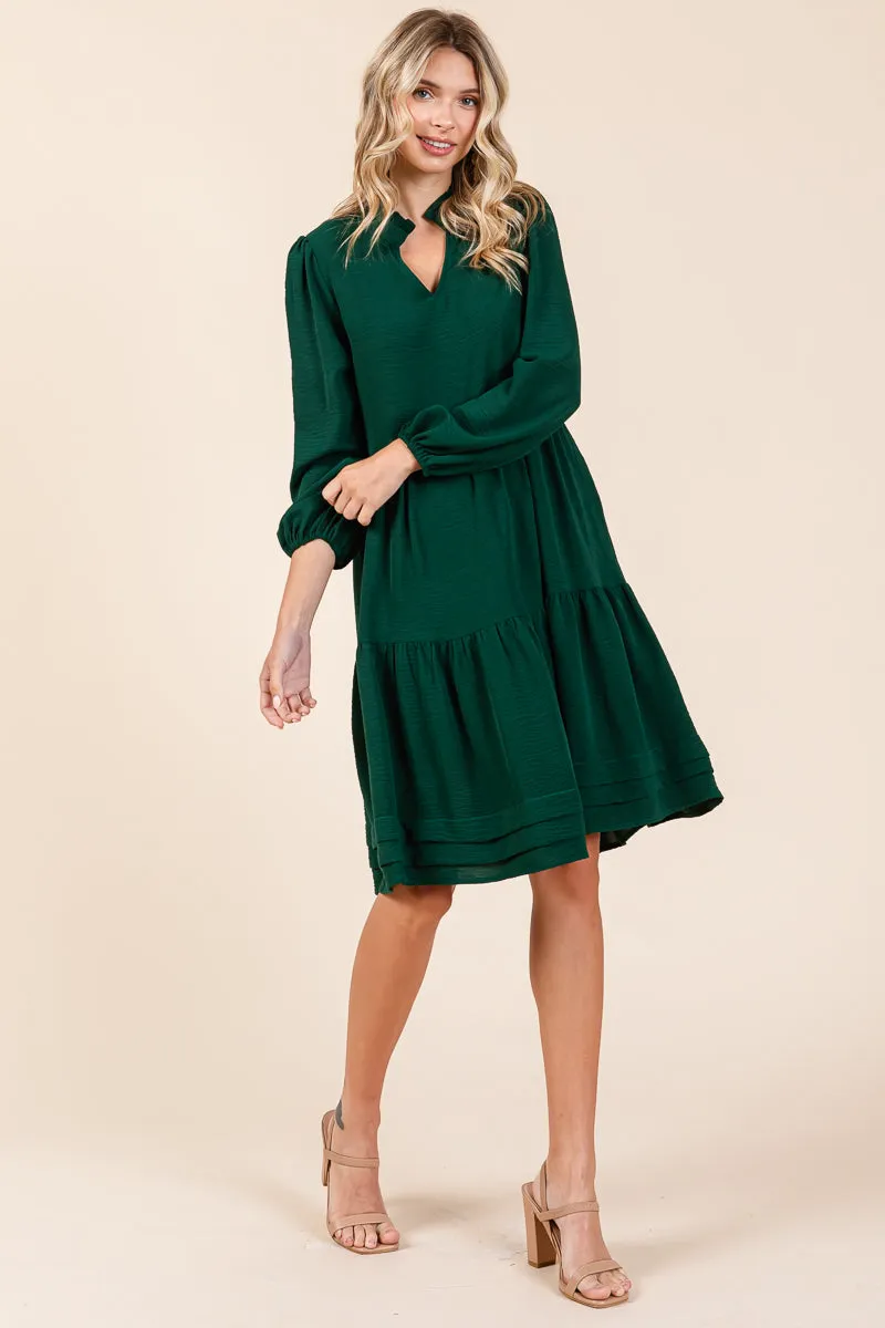 V Neck Long Sleeve Tiered Ruffle Hem Dress