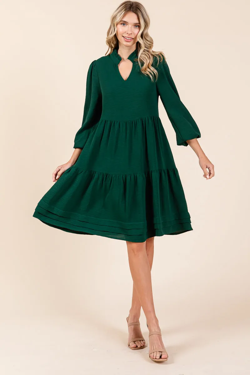 V Neck Long Sleeve Tiered Ruffle Hem Dress