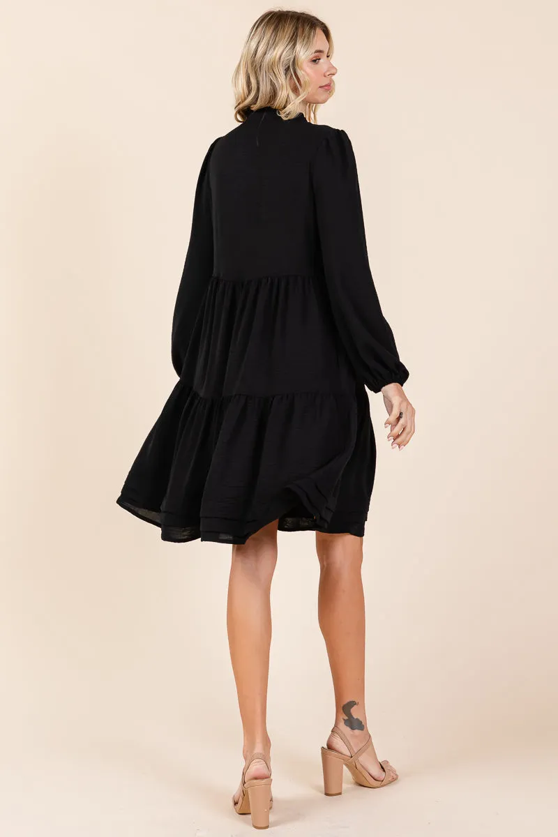 V Neck Long Sleeve Tiered Ruffle Hem Dress