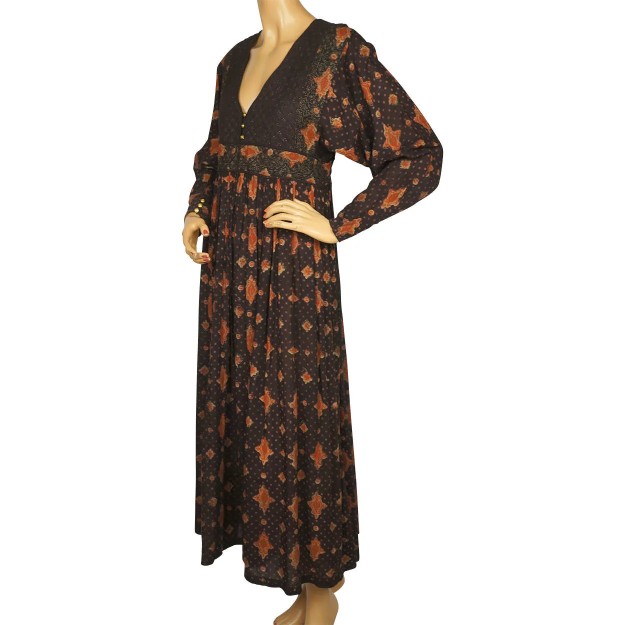 Vintage 1970s Anokhi Indian Dress Block Print Cotton Gauze Size M 10