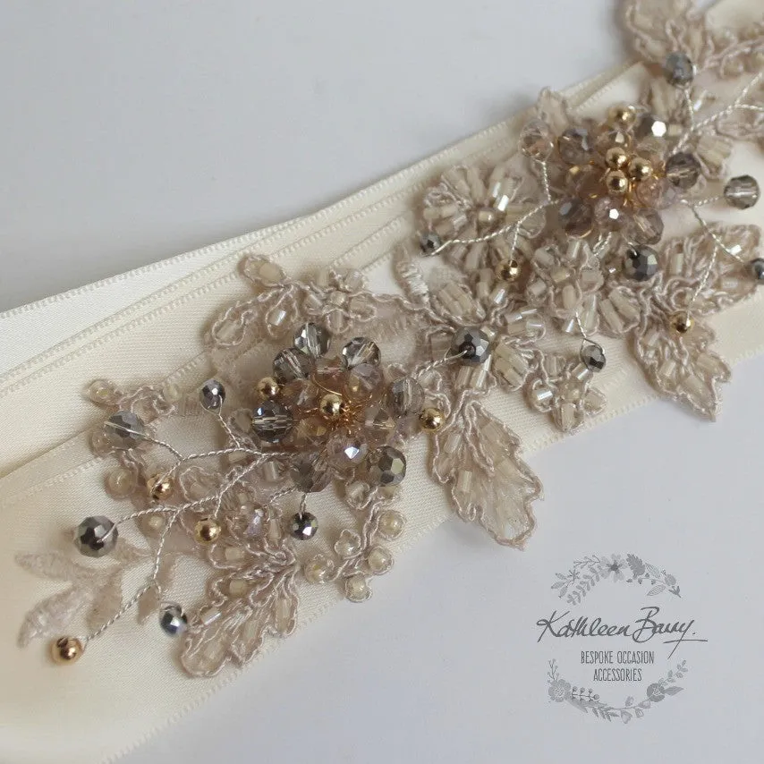 Vintage gold lace sash belt - wedding dress bridal accessory - antique gold and silver grey - Bridal belt