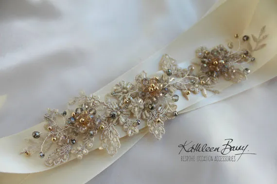 Vintage gold lace sash belt - wedding dress bridal accessory - antique gold and silver grey - Bridal belt