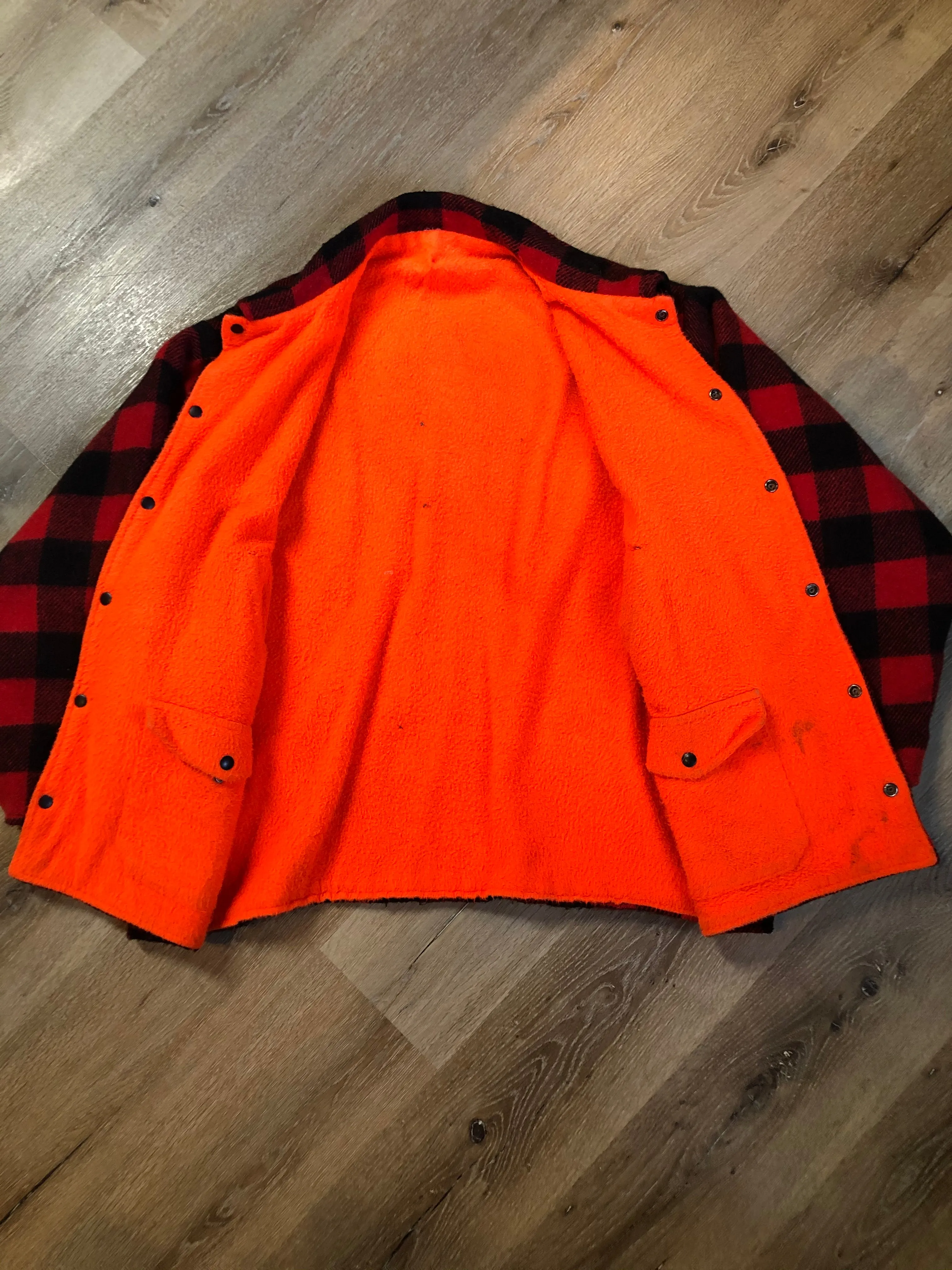 Vintage Reversible Codet Red & Black Buffalo Wool Plaid / Blaze Orange Hunting Jacket Made in Canada SOLD