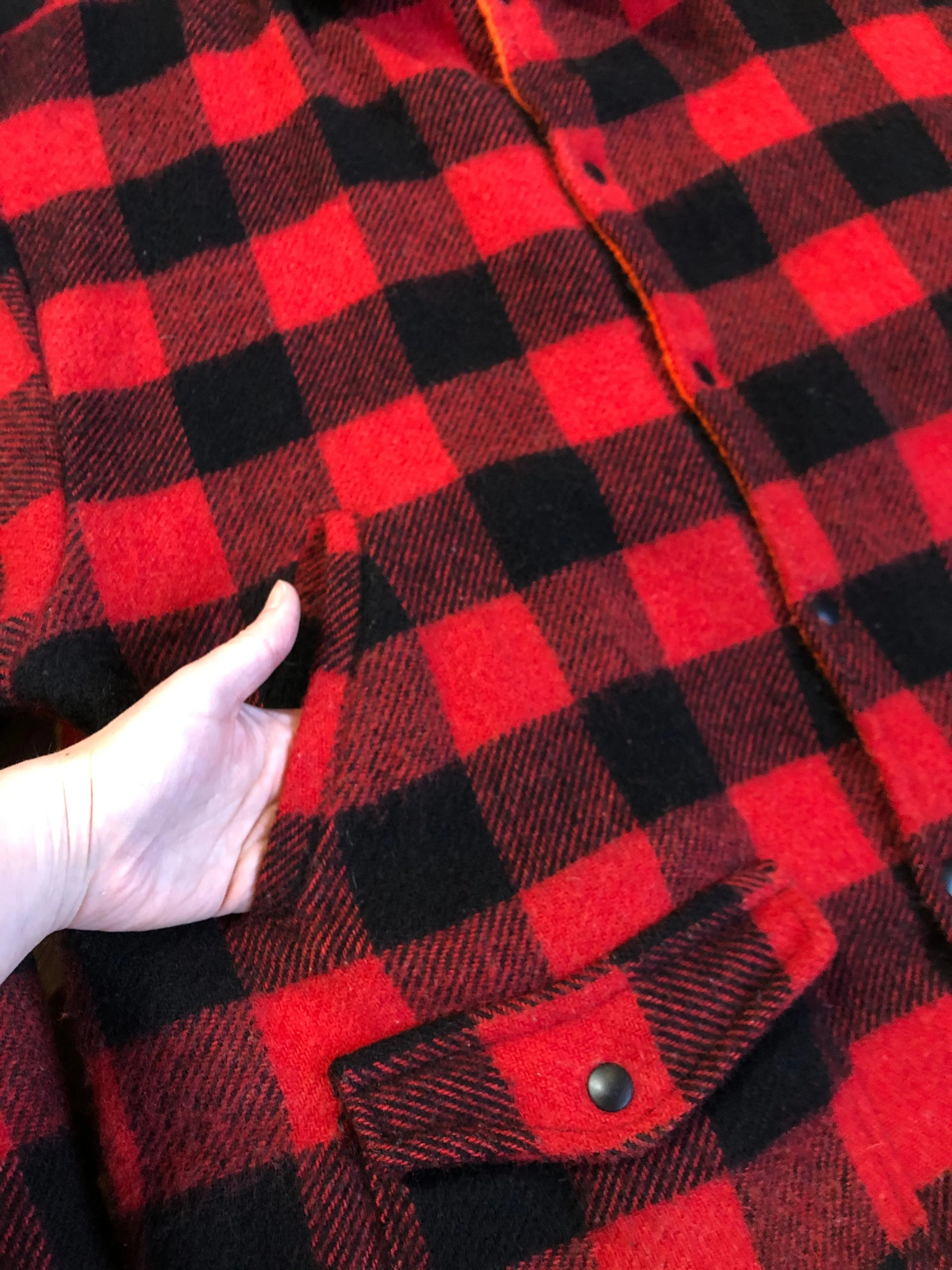 Vintage Reversible Codet Red & Black Buffalo Wool Plaid / Blaze Orange Hunting Jacket Made in Canada SOLD