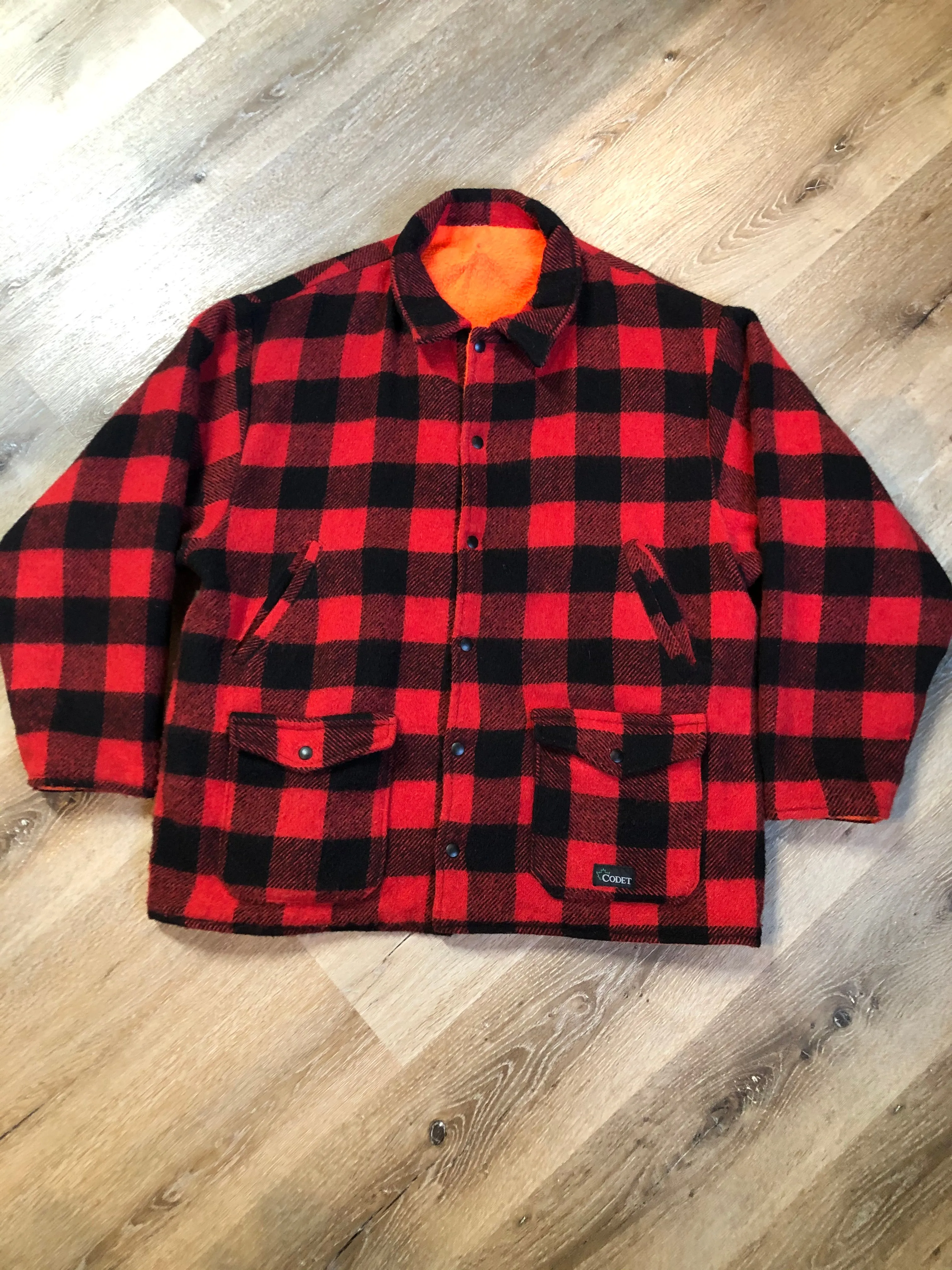 Vintage Reversible Codet Red & Black Buffalo Wool Plaid / Blaze Orange Hunting Jacket Made in Canada SOLD