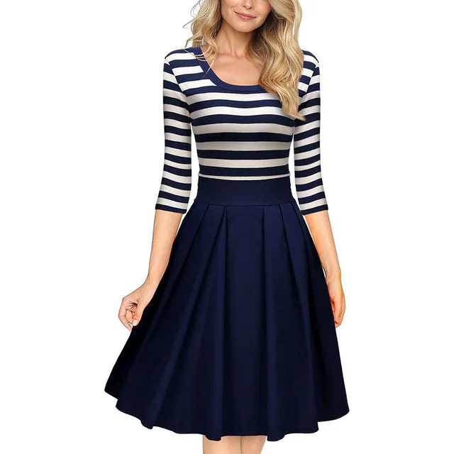 VITIANA Women Slimming Clothing Autumn Casual Striped Bodycon Dress Striped Patchwork O-Neck Office Dresses Vestidos de festa