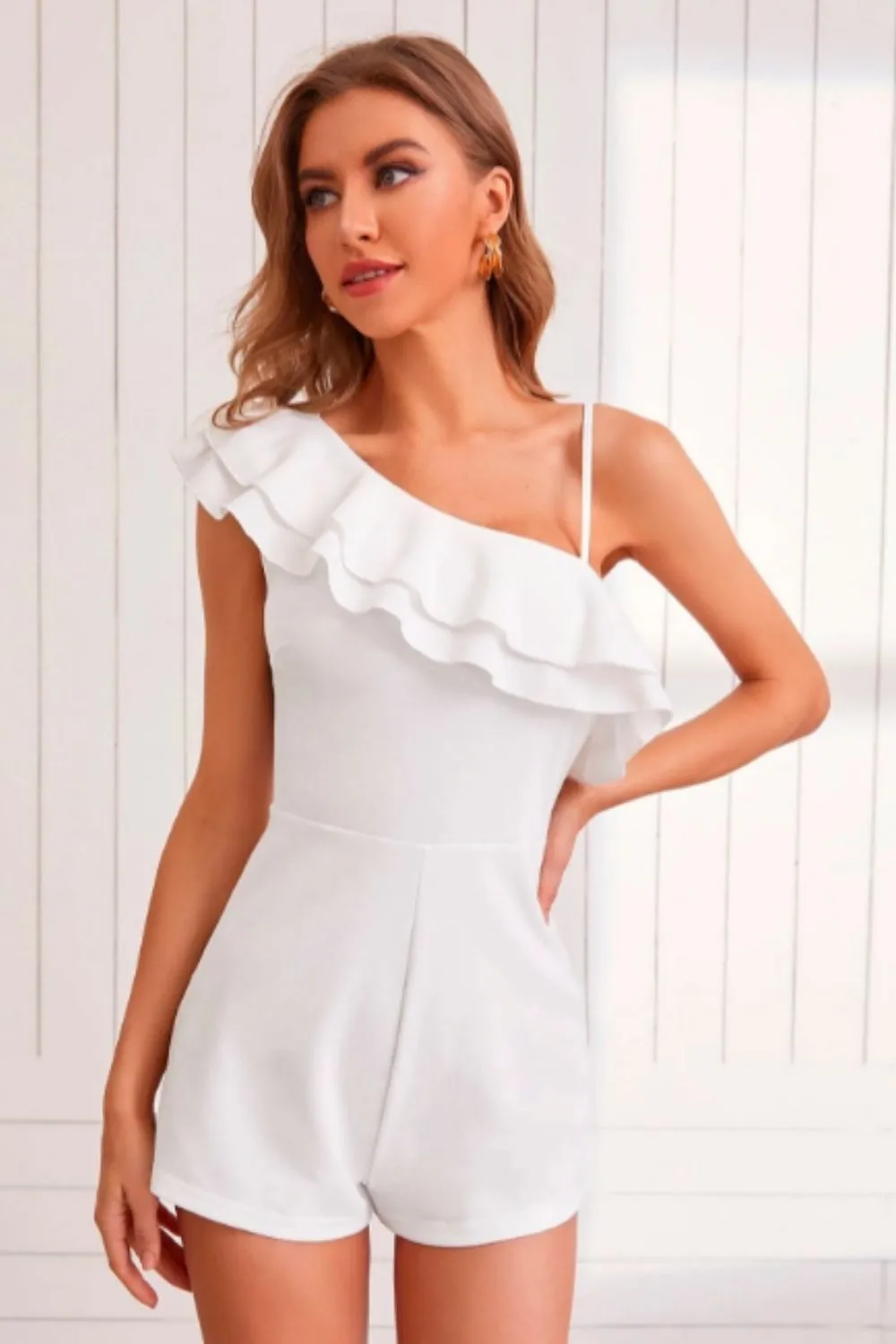 White Asymmetrical Neck Ruffle Tiered Layer Romper