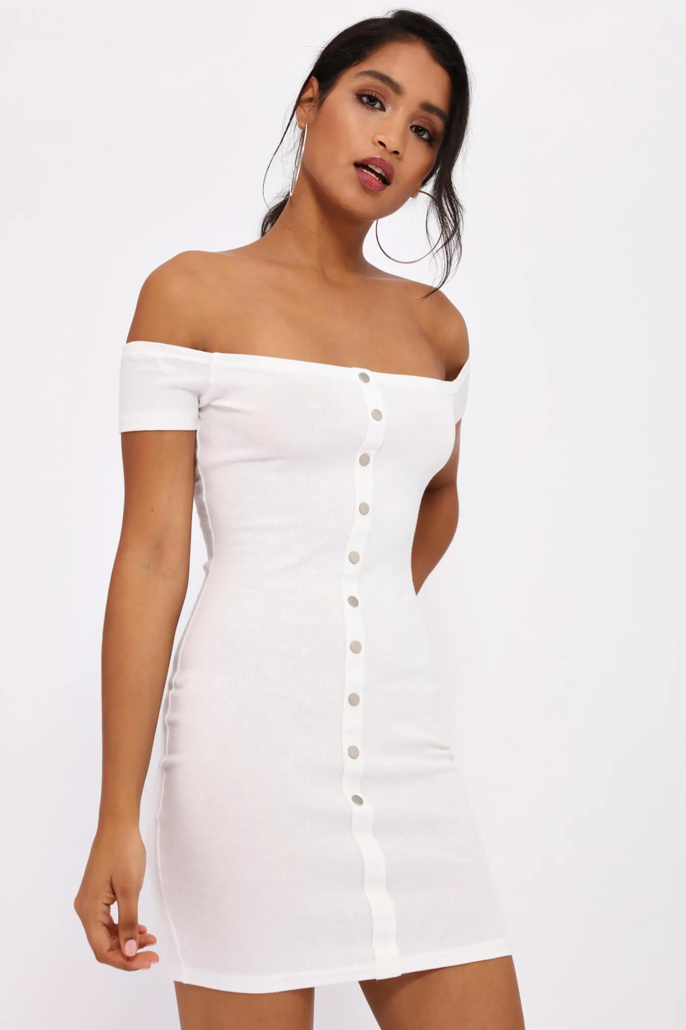 White Bardot Button Up Mini Dress