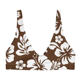 White Hawaiian Hibiscus Flowers on Brown Halter Bikini Top