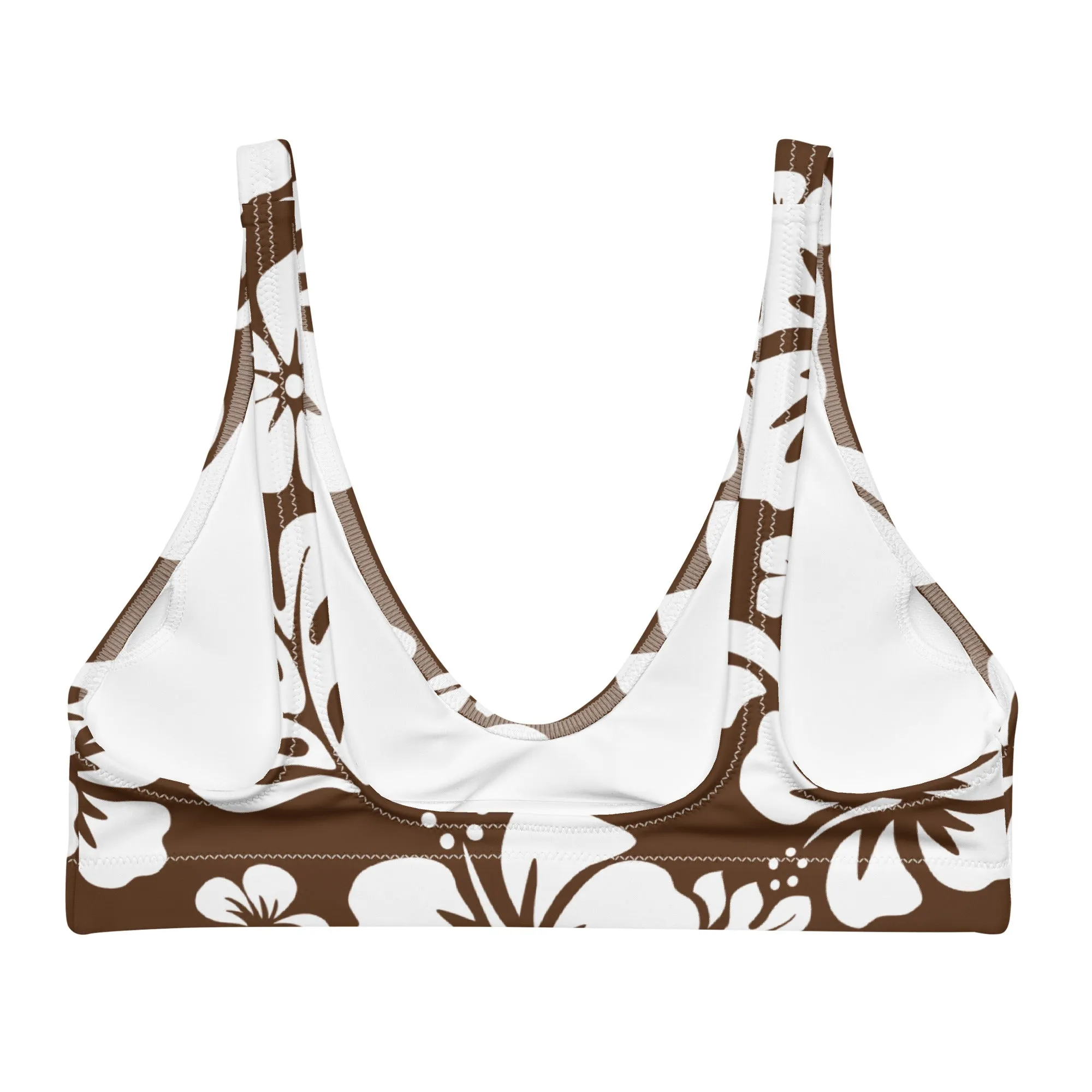 White Hawaiian Hibiscus Flowers on Brown Halter Bikini Top