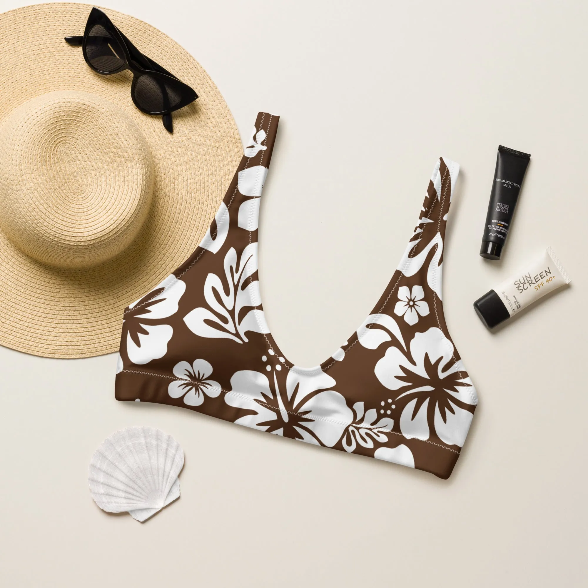 White Hawaiian Hibiscus Flowers on Brown Halter Bikini Top