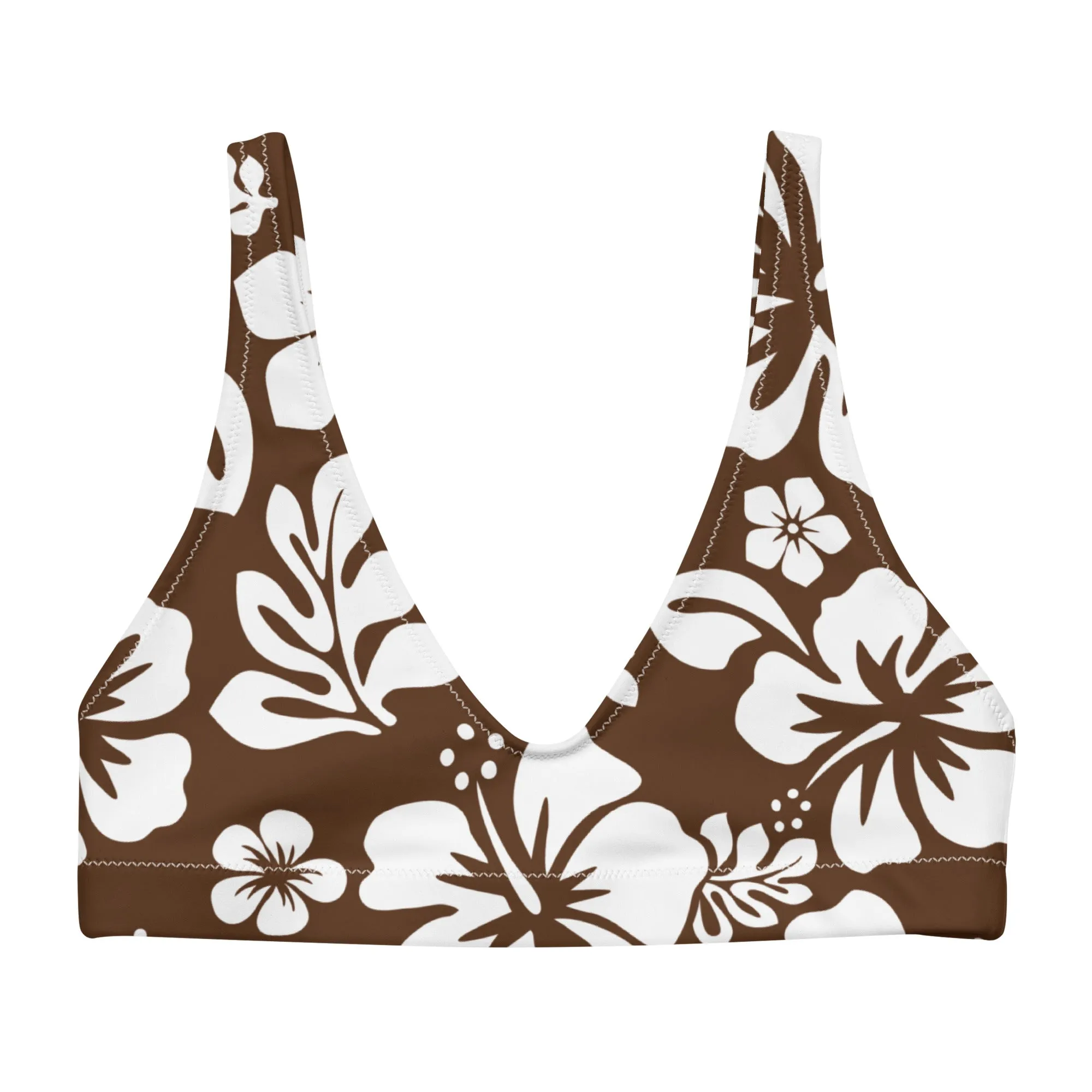 White Hawaiian Hibiscus Flowers on Brown Halter Bikini Top