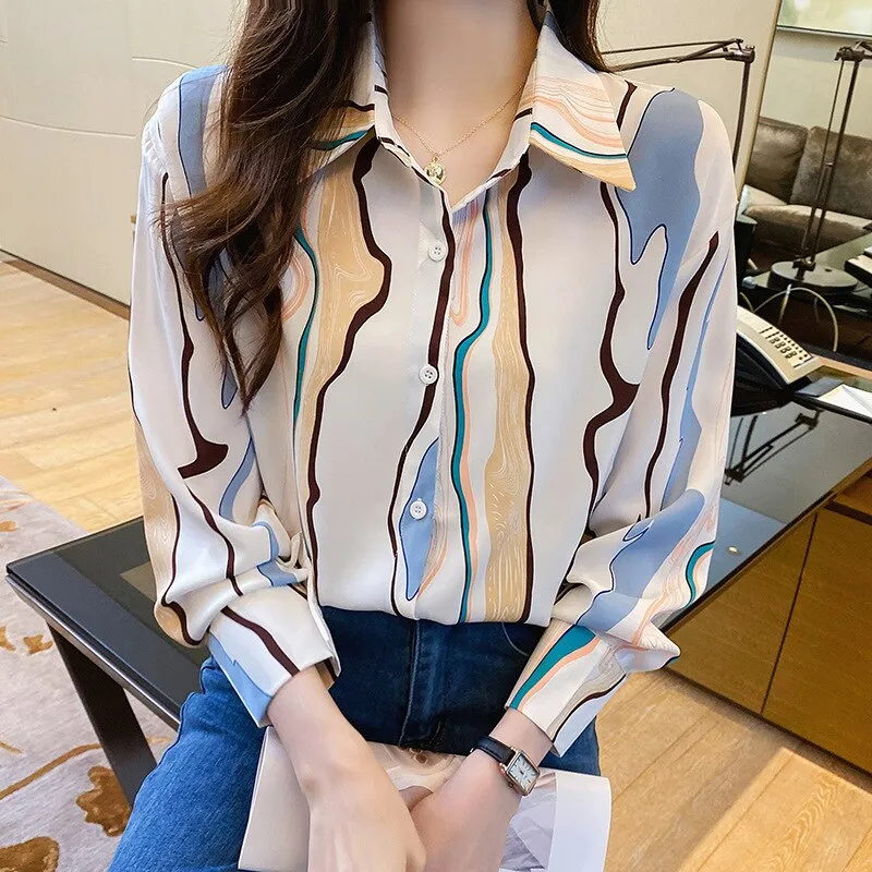 Women Autumn Spring Shirts Black White Cartoon Cat Print Blouses - WSB8551