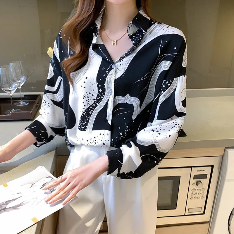 Women Autumn Spring Shirts Black White Cartoon Cat Print Blouses - WSB8551