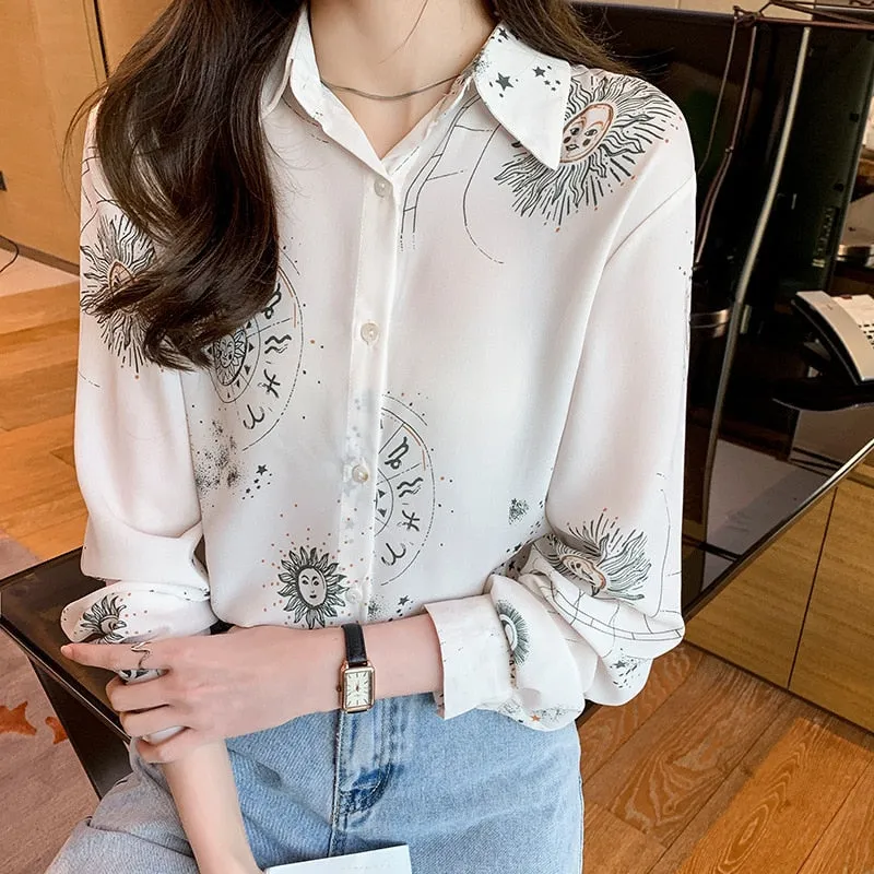 Women Autumn Spring Shirts Black White Cartoon Cat Print Blouses - WSB8551