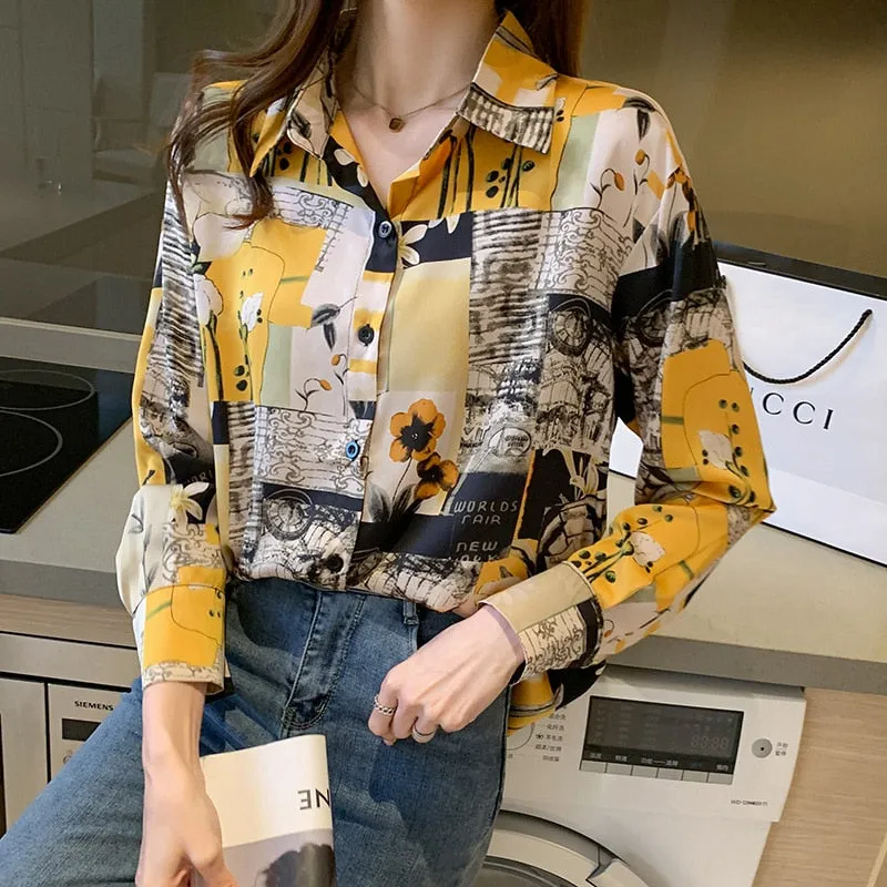 Women Autumn Spring Shirts Black White Cartoon Cat Print Blouses - WSB8551