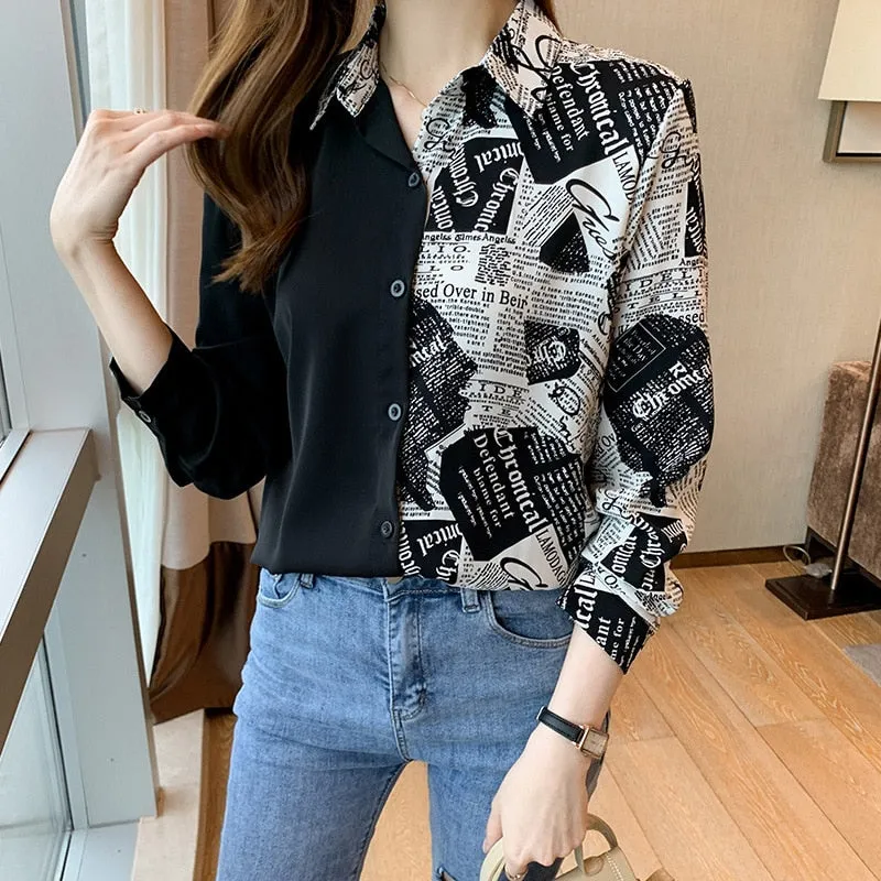 Women Autumn Spring Shirts Black White Cartoon Cat Print Blouses - WSB8551