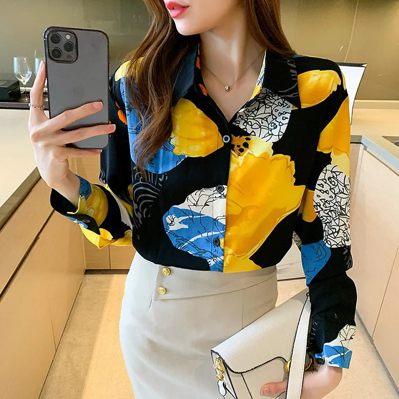 Women Autumn Spring Shirts Black White Cartoon Cat Print Blouses - WSB8551