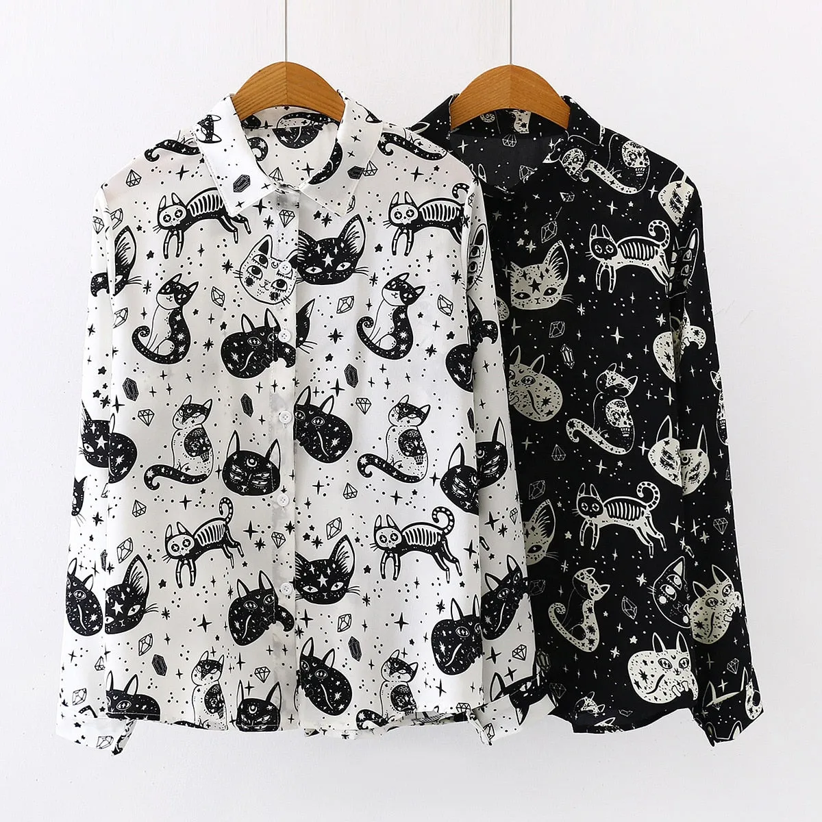 Women Autumn Spring Shirts Black White Cartoon Cat Print Blouses - WSB8551