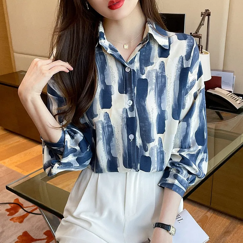 Women Autumn Spring Shirts Black White Cartoon Cat Print Blouses - WSB8551