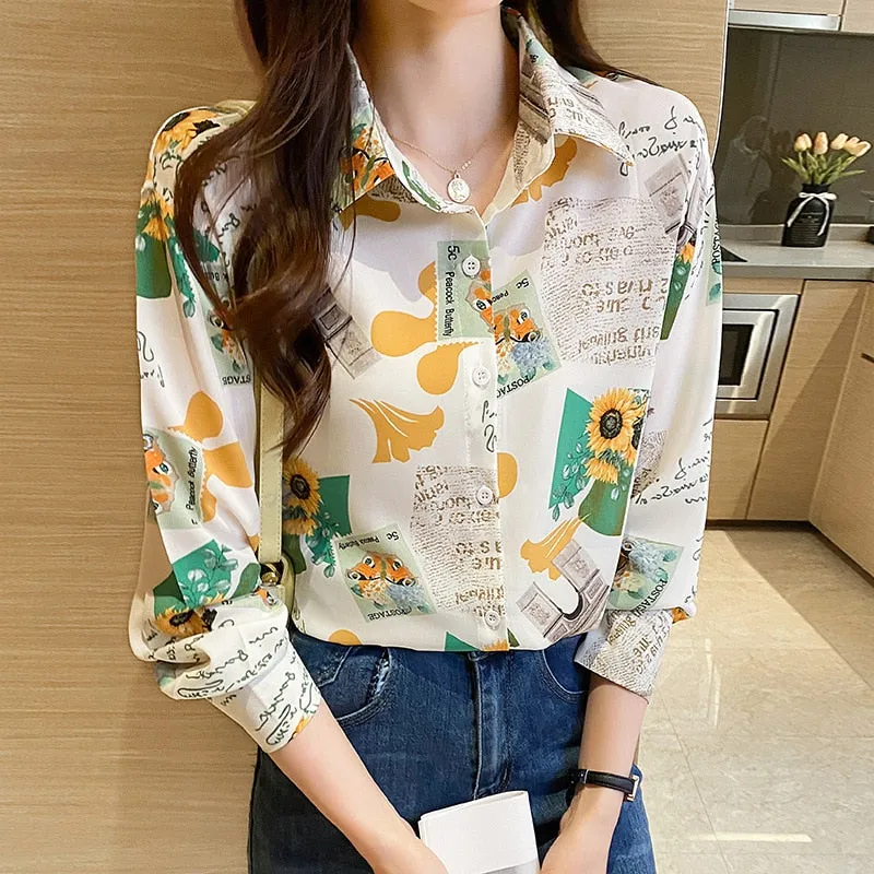 Women Autumn Spring Shirts Black White Cartoon Cat Print Blouses - WSB8551